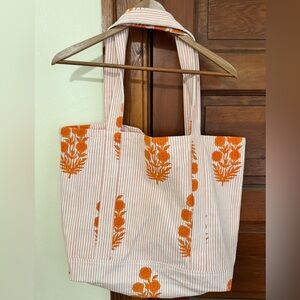 Orange Floral Striped Tote Bag